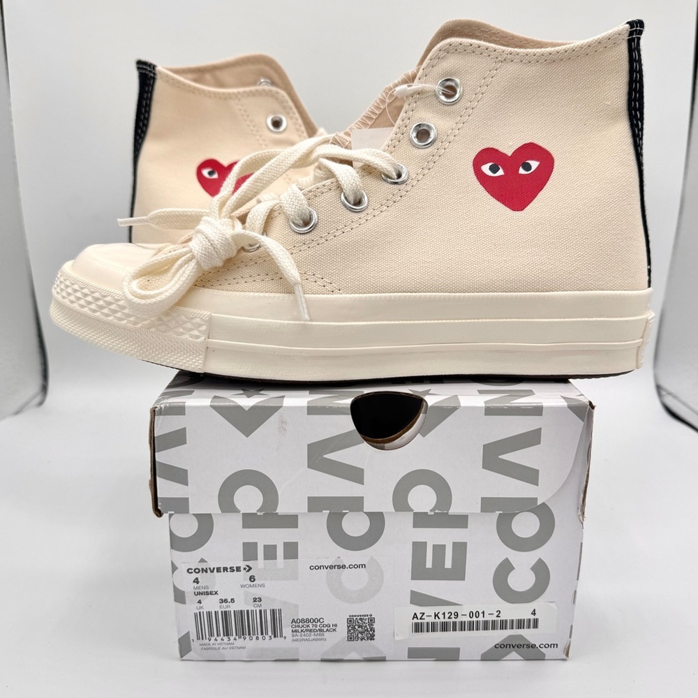 NWT Commes Des Garçons CDG Play Converse High Top Chuck 70 Heart Sneakers Cream - Picture 7 of 16